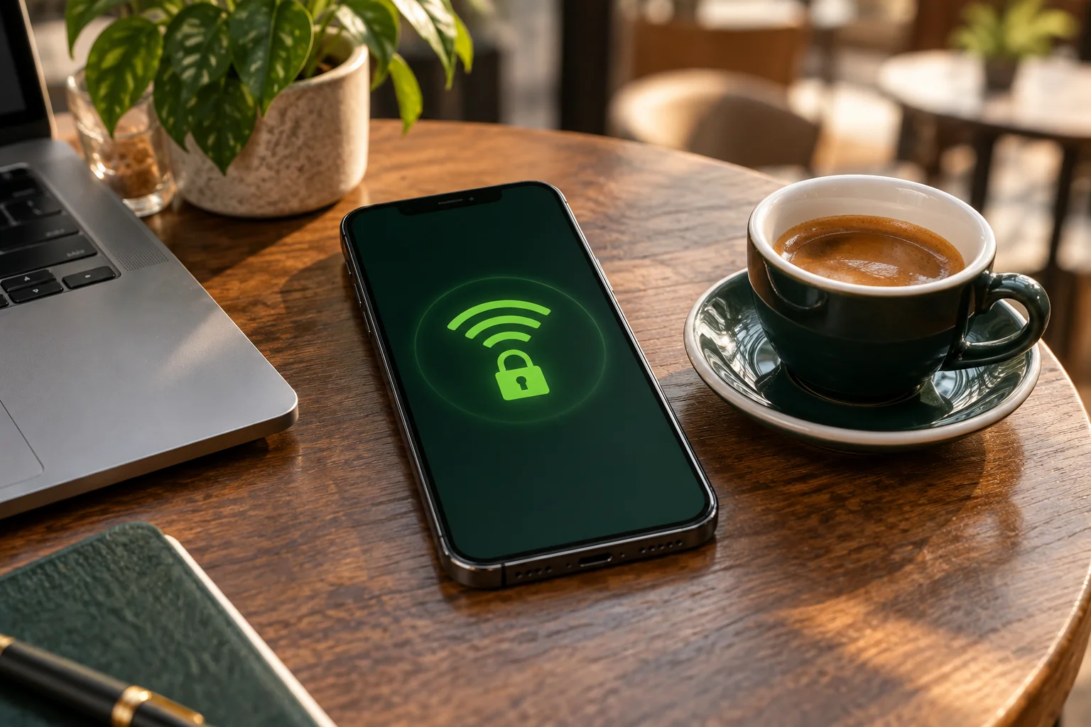Illustration of a phone displaying a Wi-Fi padlock beside a laptop and coffee on a cafe table.