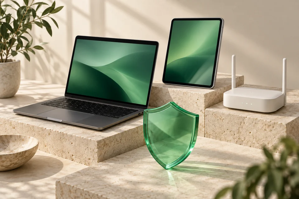 Illustration of a laptop, tablet and router on stone platforms, with a translucent green shield in front.