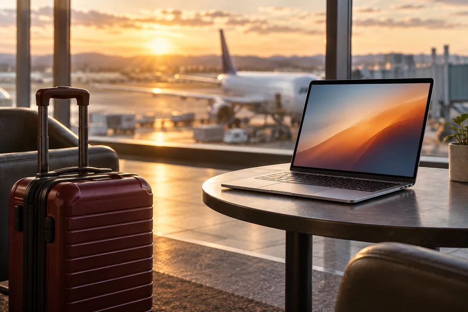 Illustration of a laptop and red suitcase in an airport lounge, with an airplane outside at sunset.