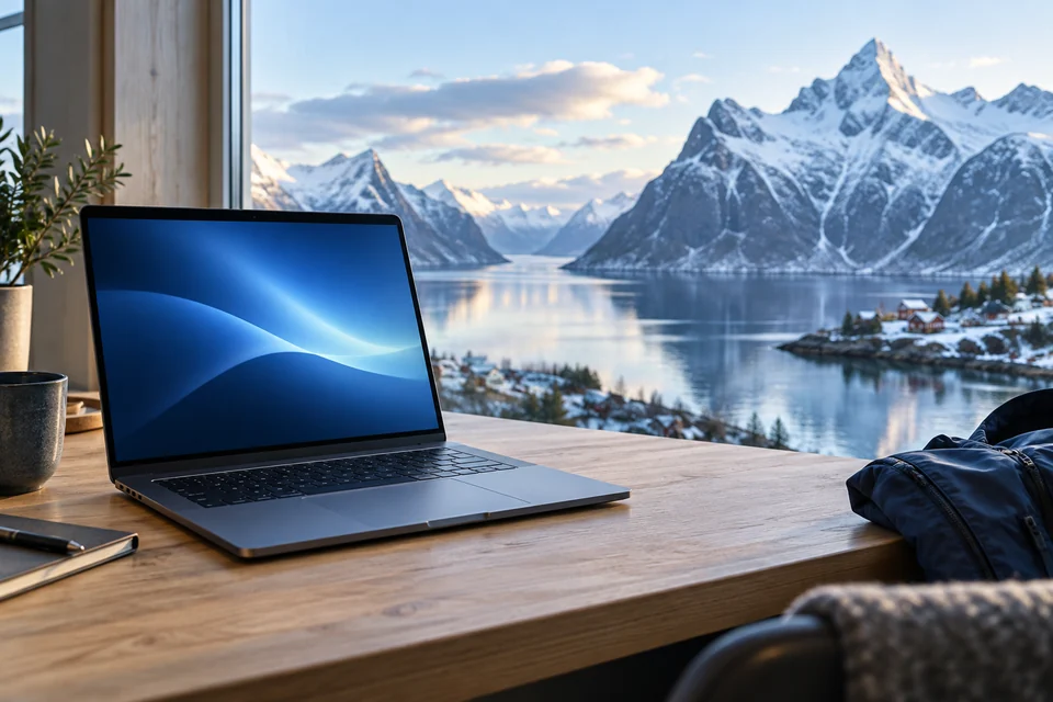 Illustration of a laptop with a blue screen on a wooden desk overlooking a fjord and snow-covered mountains.