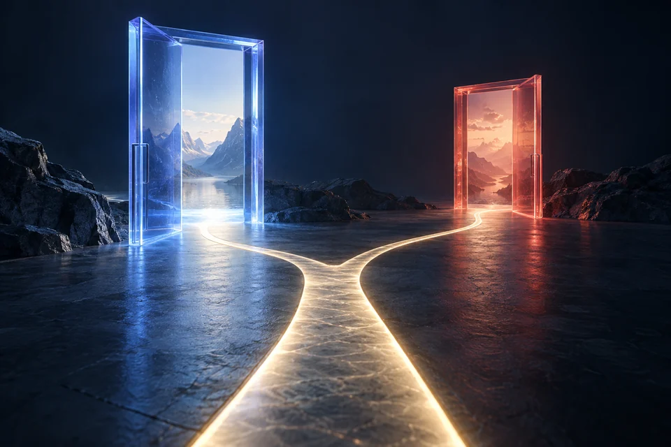Comparison illustration of a glowing path dividing toward blue and coral glass doorways in a dark landscape.