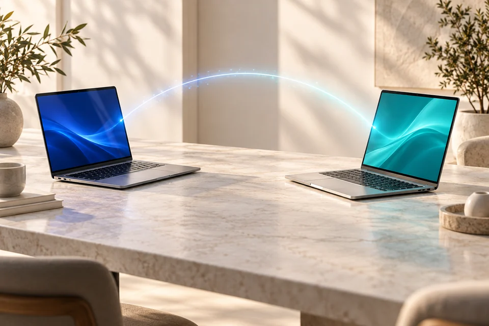 Comparison illustration of two laptops with blue and turquoise screens connected by a curved strand of light.