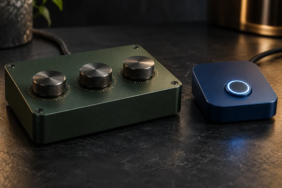 Illustration contrasting a green control box with three adjustment dials and a blue box with one illuminated button.