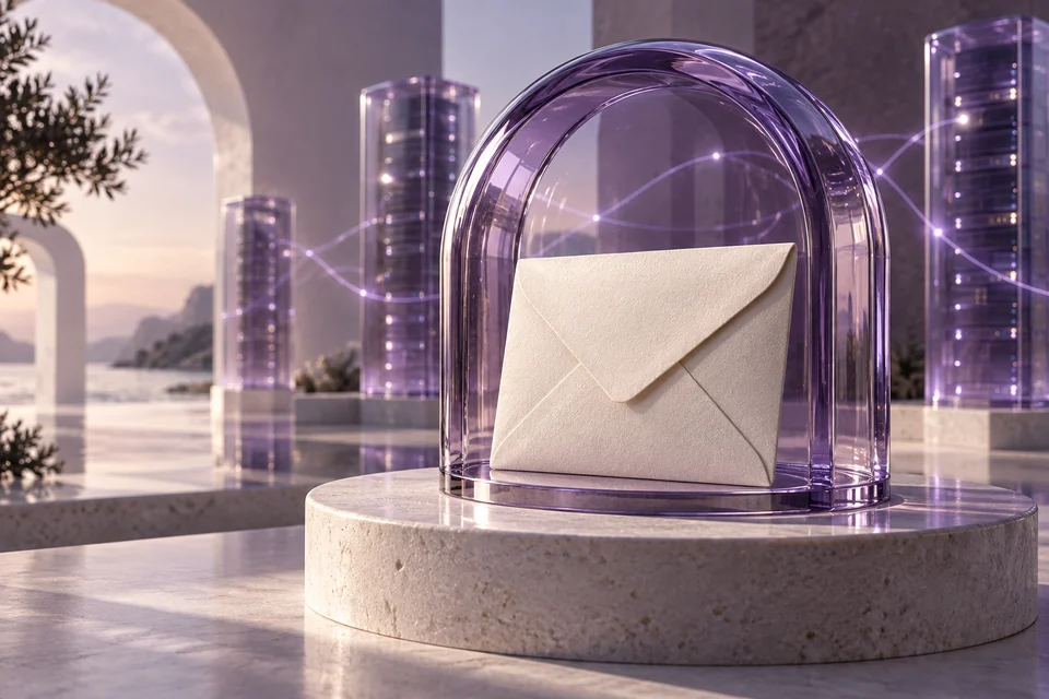 Privacy illustration of a sealed envelope beneath a violet glass arch, surrounded by glowing connections.