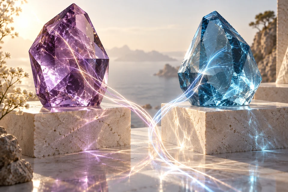 Comparison illustration of violet and blue glass prisms on stone plinths, linked by luminous strands.