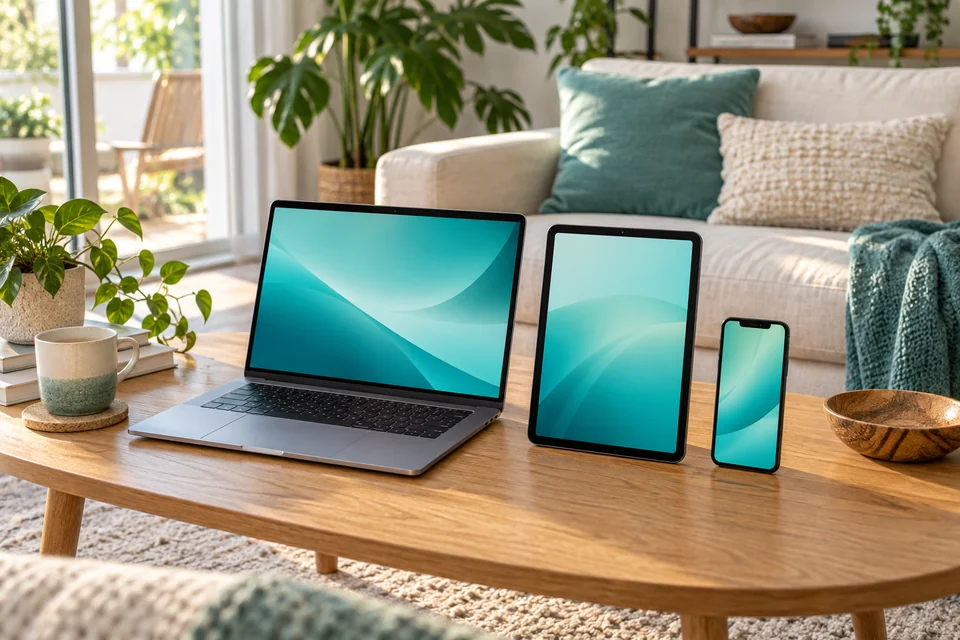 Illustration of a laptop, tablet and phone with turquoise screens together on a living-room table.