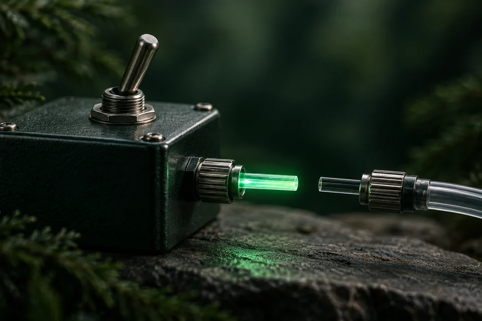 Kill-switch illustration of a metal toggle beside separated cable ends, with green light stopping at the gap.