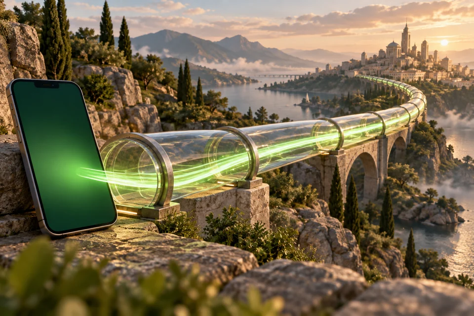 VPN illustration of a green light path from a phone through a glass-covered bridge toward a distant city.