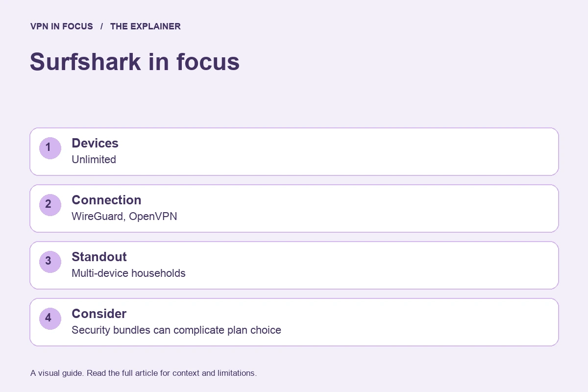 Surfshark overview: unlimited connections, WireGuard and OpenVPN, household use, and the need to compare security bundles.