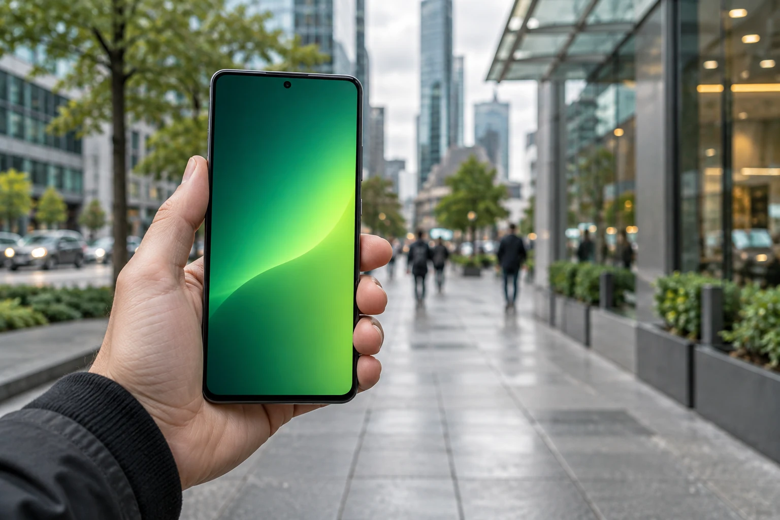 Illustration of a hand holding a smartphone on a city street, with a green abstract screen.