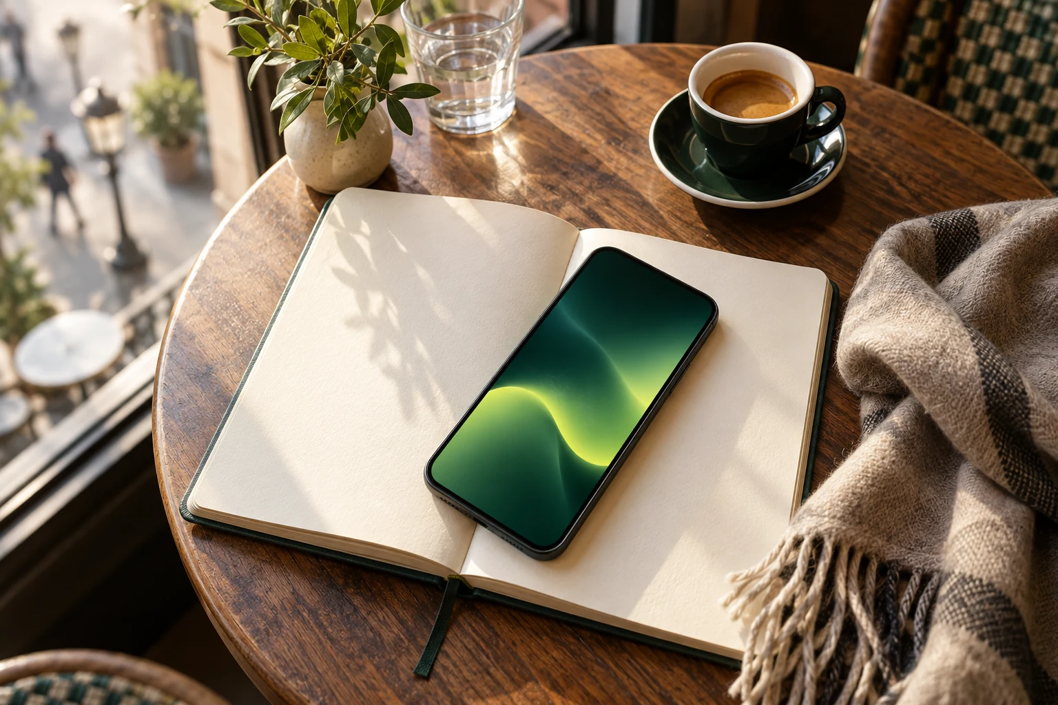 Illustration of a smartphone lying on an open notebook beside coffee at a cafe window.