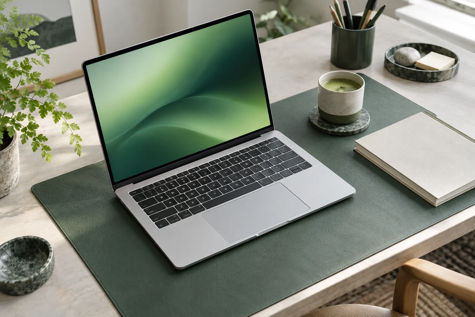 Illustration of a silver laptop on a green desk mat beside a notebook, cup and houseplants.