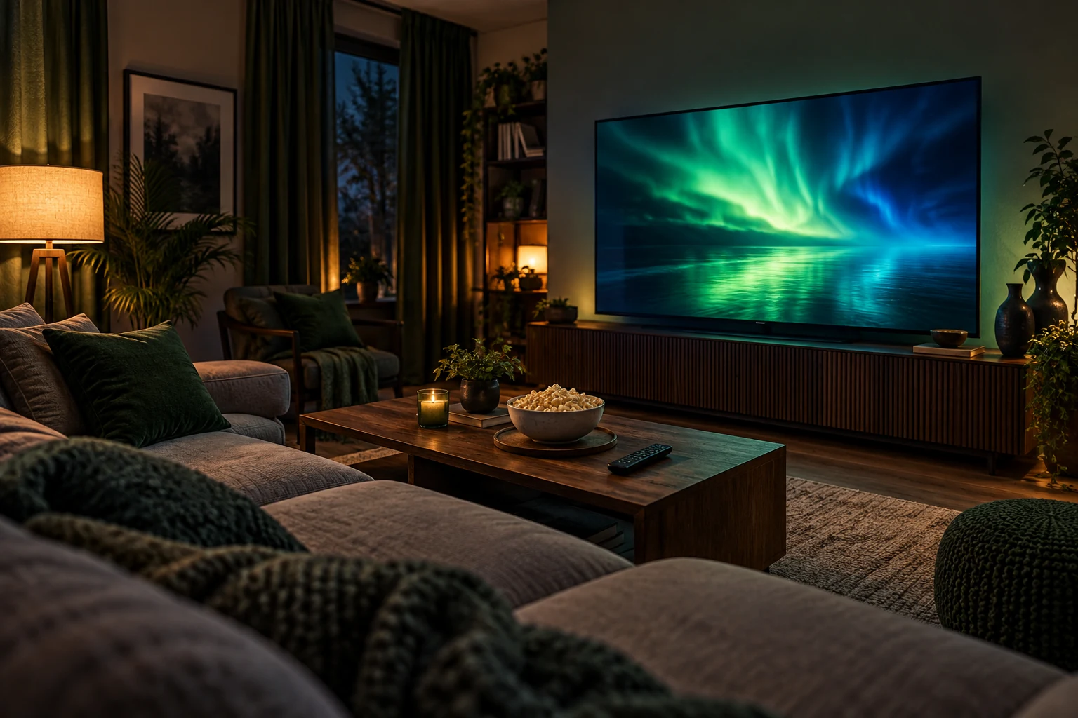 Illustration of a television showing an aurora in a softly lit living room.