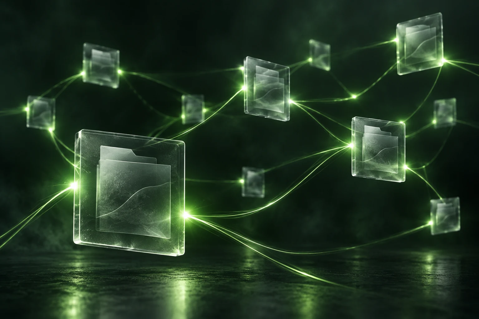 Glowing lines link transparent file folders in an illustration of a peer-to-peer file-sharing network.