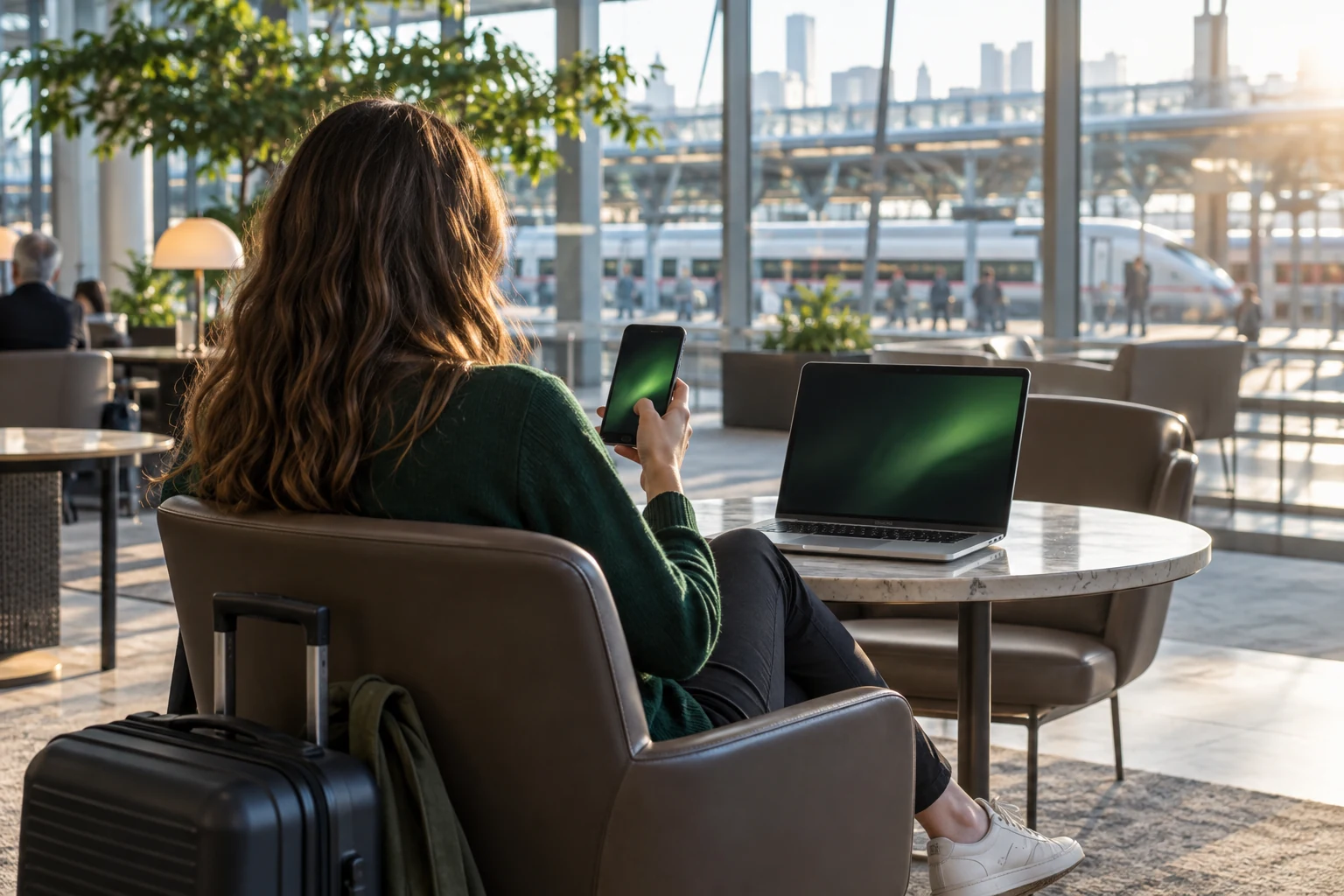 Illustration of a traveler using a phone beside an open laptop and suitcase in a cafe overlooking a city.