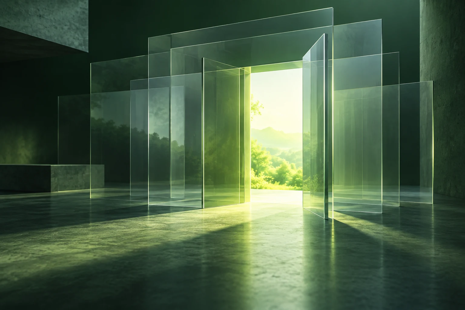 An open doorway through layers of transparent panels illustrates finding an accessible route to a website.