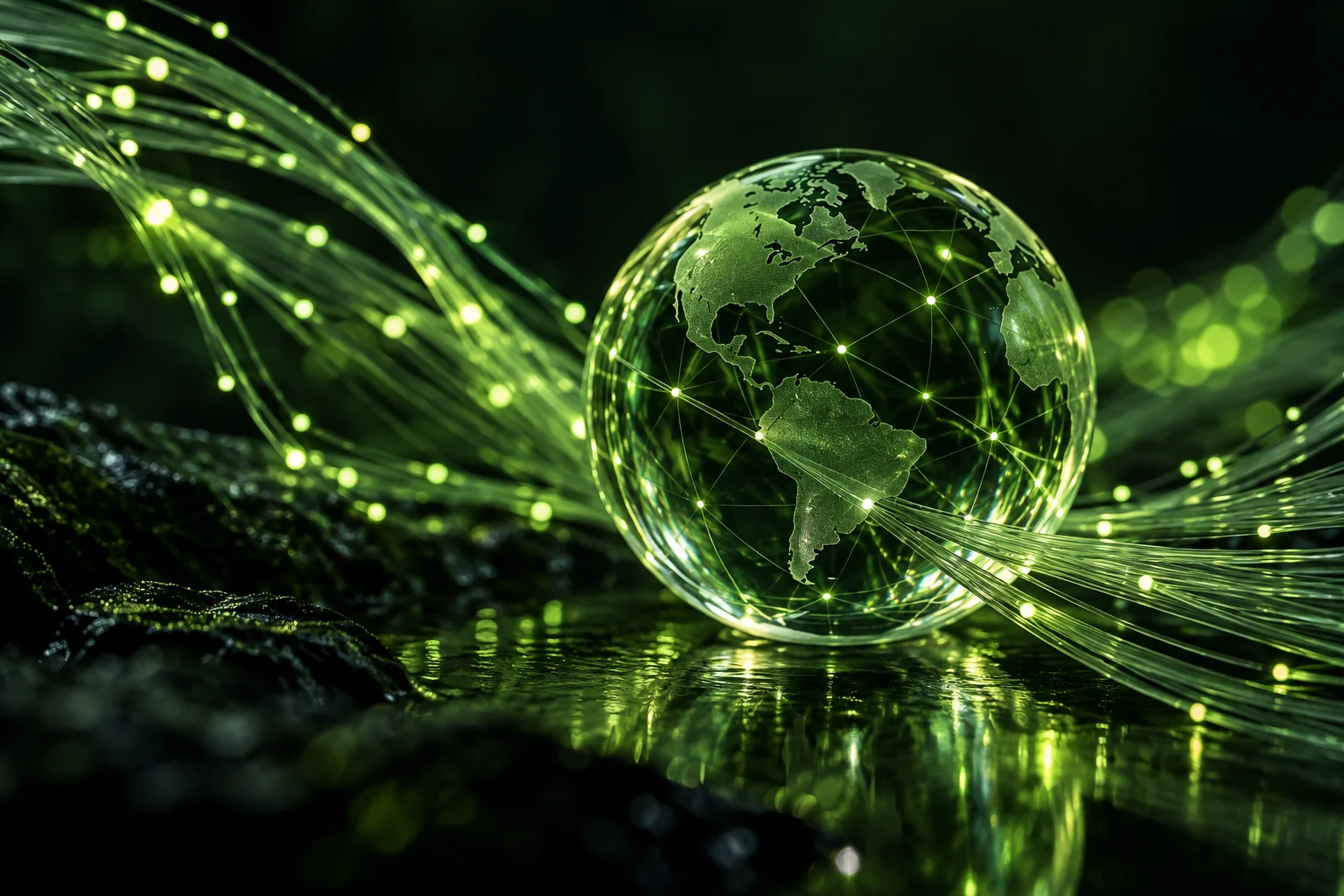 Glowing green network paths connect around a glass globe, illustrating an encrypted network.