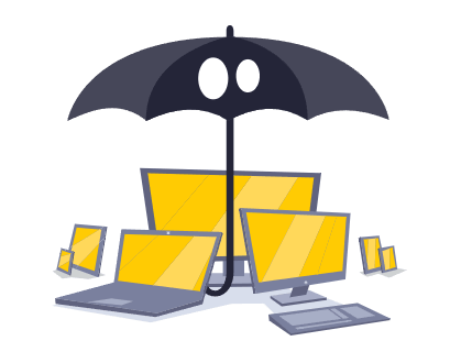 CyberGhost illustration of an umbrella with ghost eyes sheltering computers, tablets and phones.