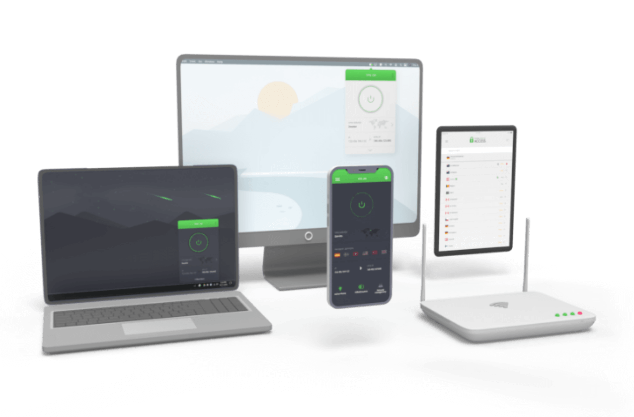 Private Internet Access product image showing VPN apps on a laptop, desktop, phone and tablet, alongside a router.