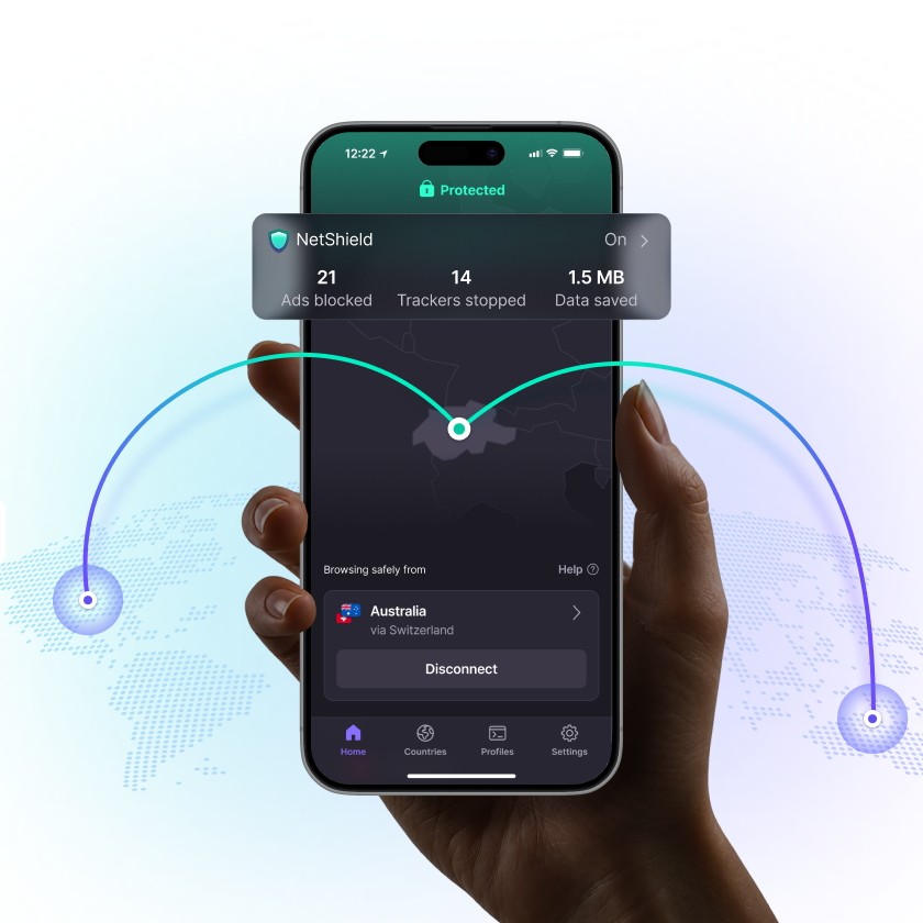 Proton VPN product image of a phone showing an active VPN connection, a server map and NetShield blocking statistics.