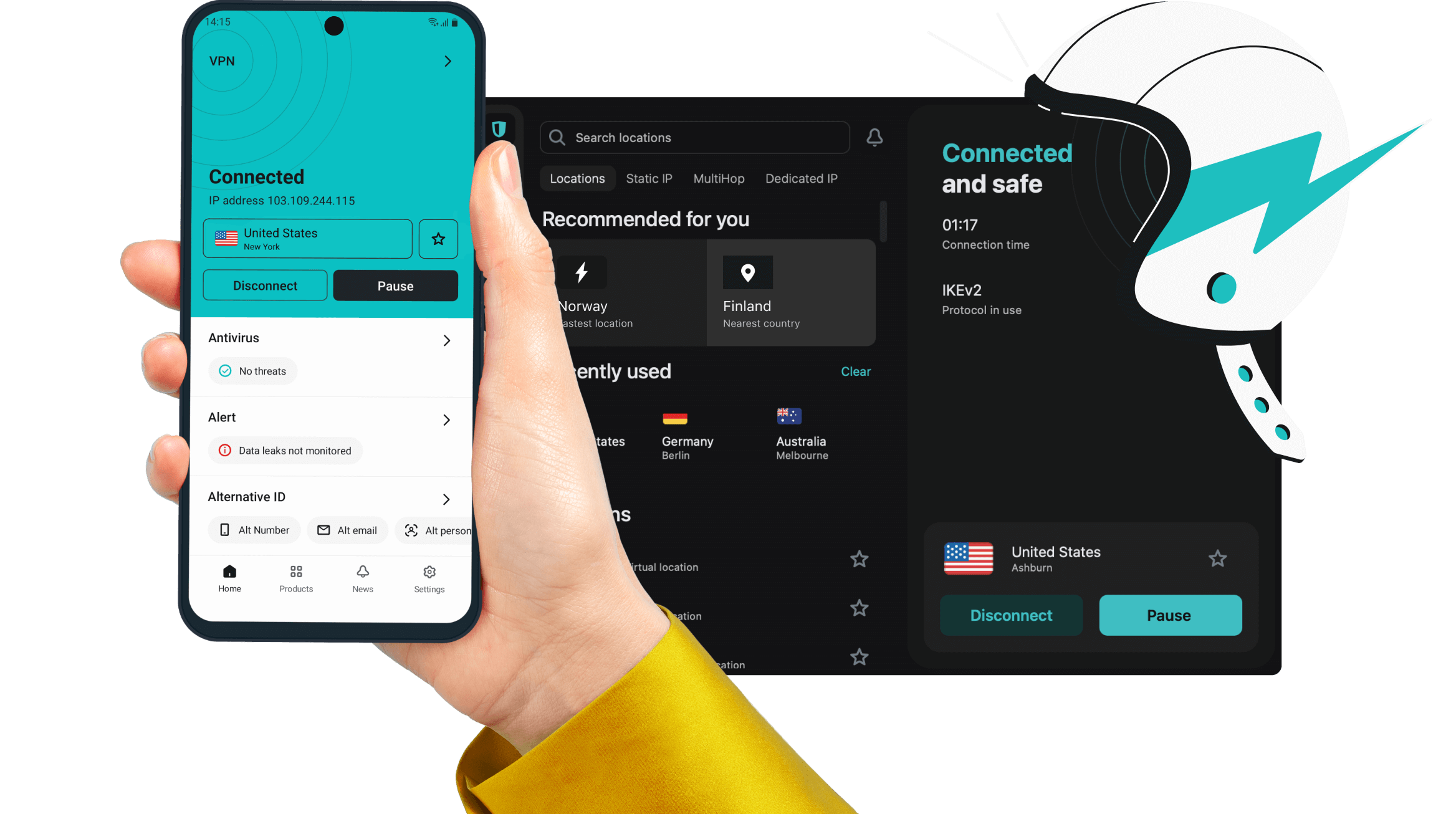 Surfshark product image showing connected mobile and desktop apps with location lists and connection controls.